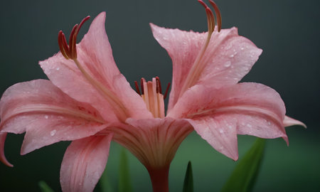 Pink lily with raindrops on the petals and green leavesの写真素材