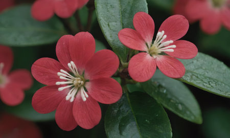 Red flowers with green leaves in the background. Shallow depth of field.の写真素材