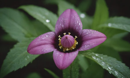 Purple flower with raindrops on the petals and green leavesの写真素材