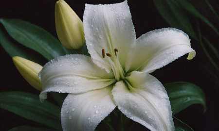 White lily with water drops on the petals and leaves.の写真素材