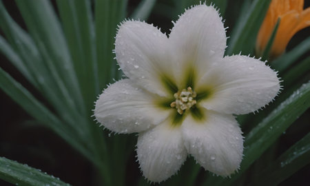 White and yellow flower with water droplets on green leaves background.の写真素材