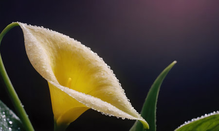 Yellow calla lily with water droplets on a black backgroundの写真素材