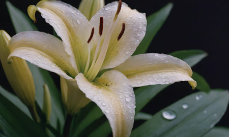 Beautiful yellow lily flower with water drops on petals.