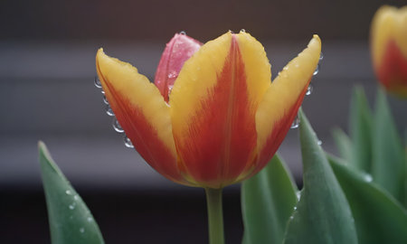 Red and yellow tulip with water droplets on the petalsの写真素材