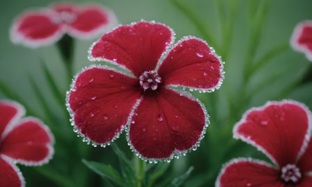 Red flower with water droplets on the petals in the gardenの写真素材