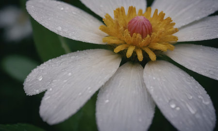 White daisy flower with rain drops on petals and green leavesの写真素材