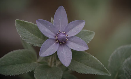 Purple flower with purple petals and green leaves in the garden