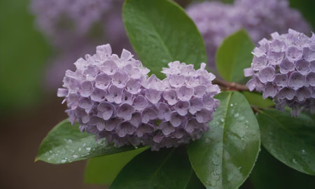 Purple lilac flowers with raindrops on green leaves background.の写真素材