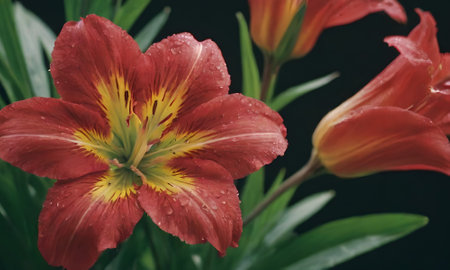 Red lily with water drops on the petals on a black backgroundの写真素材