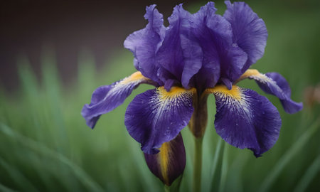 Purple iris flower with dew drops close up on blurred backgroundの写真素材