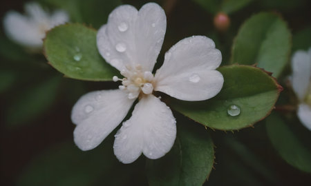 White flowers with raindrops on a green background, close-upの写真素材
