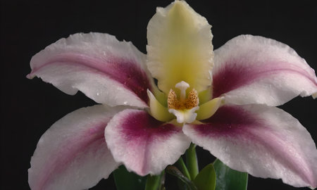 Pink and white Cattleya orchid on a black backgroundの写真素材