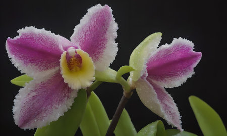 Pink and white orchids on a black background close-upの写真素材