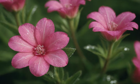 pink flowers in the garden with raindrops on the petalsの写真素材