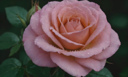 Beautiful pink rose with drops of dew on the petalsの写真素材