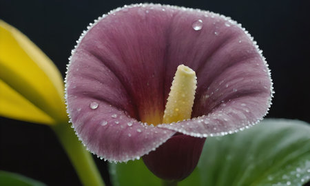 Beautiful purple calla lily with water drops on black backgroundの写真素材