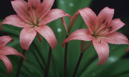 Pink lily flowers with water drops on petals and green leavesの写真素材