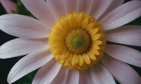 Close up of white daisy flower with water drops on petalsの写真素材