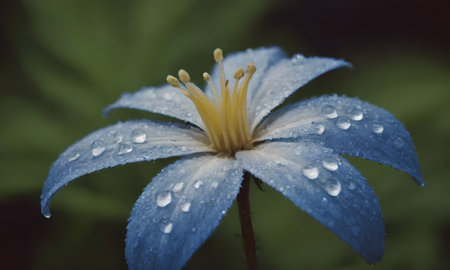 Beautiful blue flower with water drops on the petals, close upの写真素材