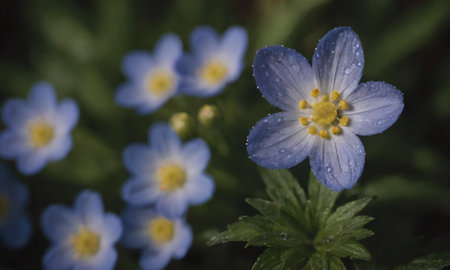 Close up of blue spring flowers with water drops on petals.