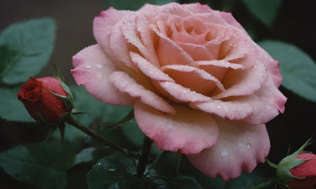 Beautiful pink rose with dew drops on the petals.の写真素材