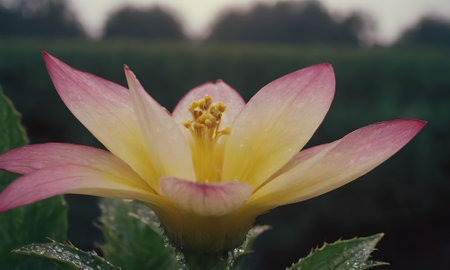 Close up of a pink and yellow flower in the garden with blurred backgroundの写真素材