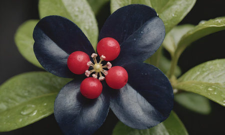 Close up of a blue flower with red berries and green leaves.