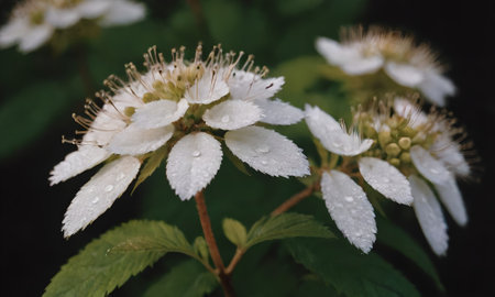 Flowering blackberry with drops of dew on the leaves