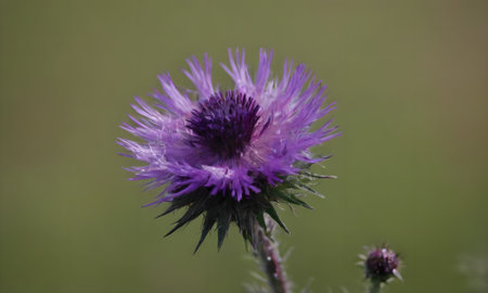 purple thistle flower on green background, closeup of photoの写真素材