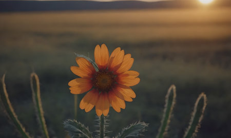 Sunset on a field with a yellow flower in the foreground.の写真素材