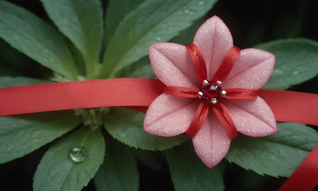 Red ribbon with a bow on a green plant with water dropletsの写真素材