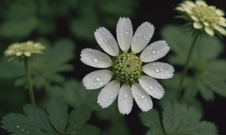 white flower with water drops on the petals, close-upの写真素材