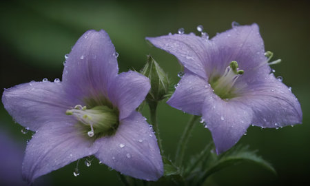 Purple Campanula flowers with water drops on petals.の写真素材
