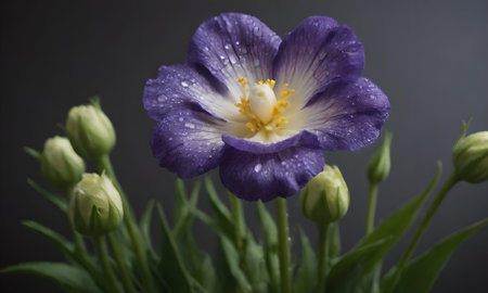 Purple freesia flower with water drops on a dark backgroundの写真素材