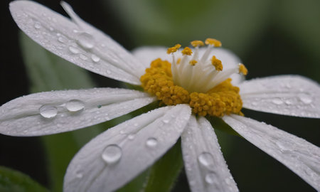 Close up of a white daisy flower with water droplets.の写真素材