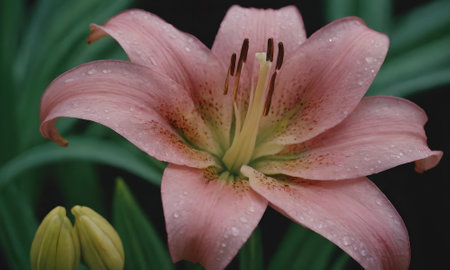 Beautiful pink lily flower with raindrops on petals.の写真素材