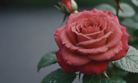 Beautiful red rose with water drops on the petals after rainの写真素材