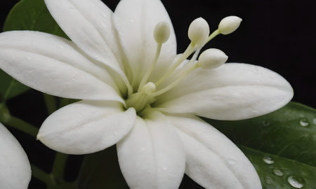 White flower with water drops on the petals, close-upの写真素材