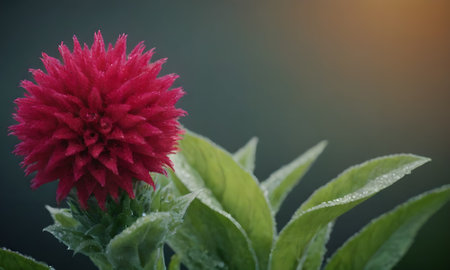 Beautiful red cockscomb flower with water drops on green backgroundの写真素材