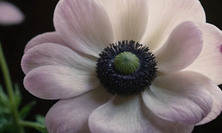 close up of an anemone flower with a green pistilの写真素材