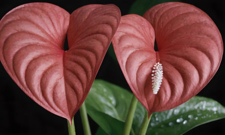 Two red anthurium flowers on black background. Close up.の写真素材