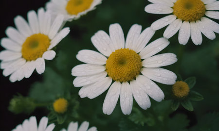 White daisies in the garden with water droplets on the petalsの写真素材