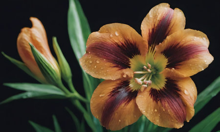 Beautiful orange lily with water drops on a black background.の写真素材