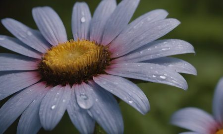 Close up of a daisy with water drops on the petalsの写真素材
