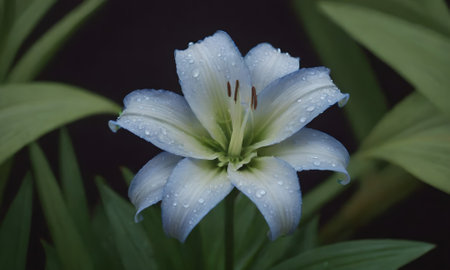 White lily with raindrops on petals, close-upの写真素材