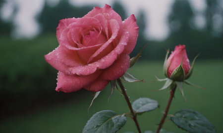 Beautiful pink rose with dew drops on petals. Soft focus.の写真素材