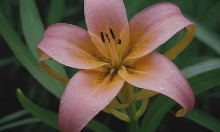 Pink lily in the garden with raindrops on the petalsの写真素材