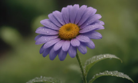 Purple daisy flower with dew drops on petals.の写真素材