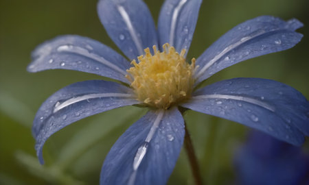Close up of a blue flower with raindrops on the petalsの写真素材