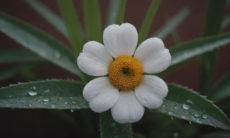 Daisy flower with raindrops on the petals and green leavesの写真素材